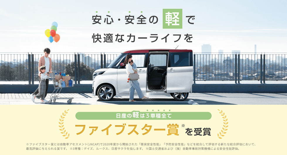 安心・安全の軽で快適なカーライフを日産の軽は３車種全て安全性能最高評価ファイブスター賞を受賞