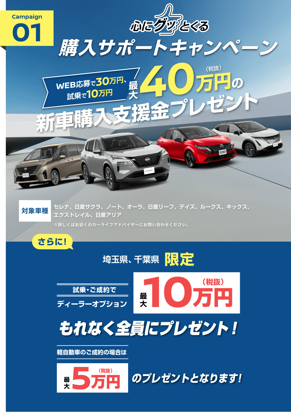 campaign01 心にグッとくる購入サポートキャンペーン 最大40万円の新車購入支援金プレゼント!