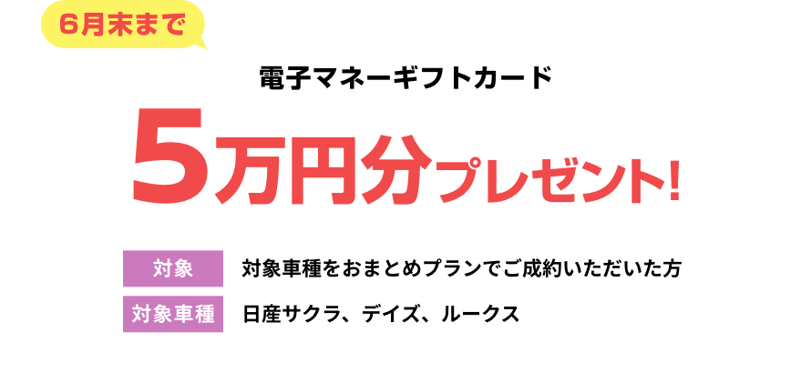 6月末まで 電子マネーギフトカード5万円分プレゼント! [対象]対象車種をおまとめプランでご成約いただいた方 [対象車種]日産サクラ、デイズ、ルークス