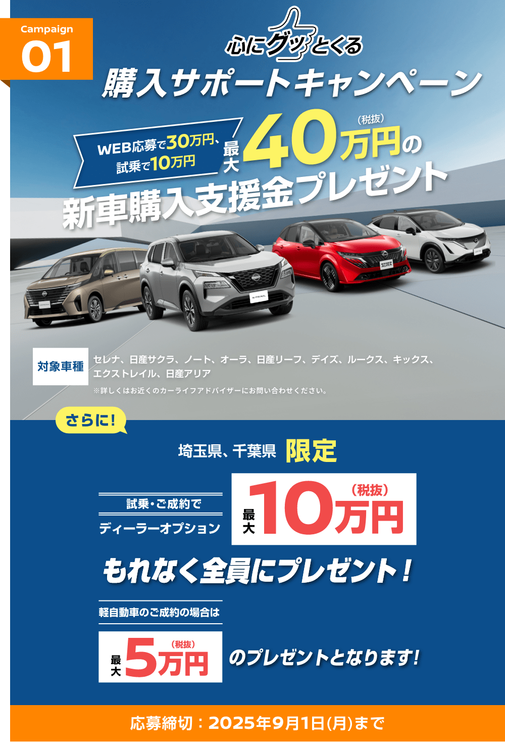 campaign01 心にグッとくる購入サポートキャンペーン 最大40万円の新車購入支援金プレゼント!