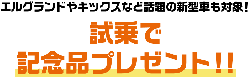 エルグランドやキックスなど話題の新型車も対象！試乗で記念品プレゼント!!