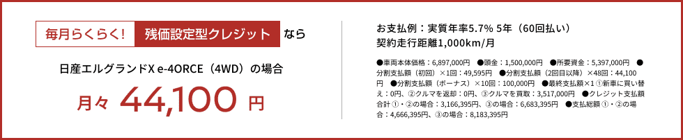 毎月らくらく!残価設定型クレジットなら月々44,100円