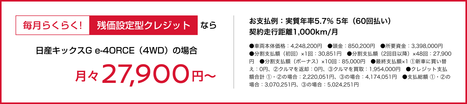 毎月らくらく!残価設定型クレジットなら月々27,900円〜