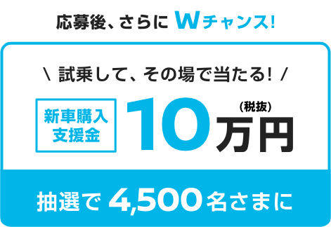 試乗して、その場で当たる! 新車購入支援金10万円 抽選で4,500名さまに