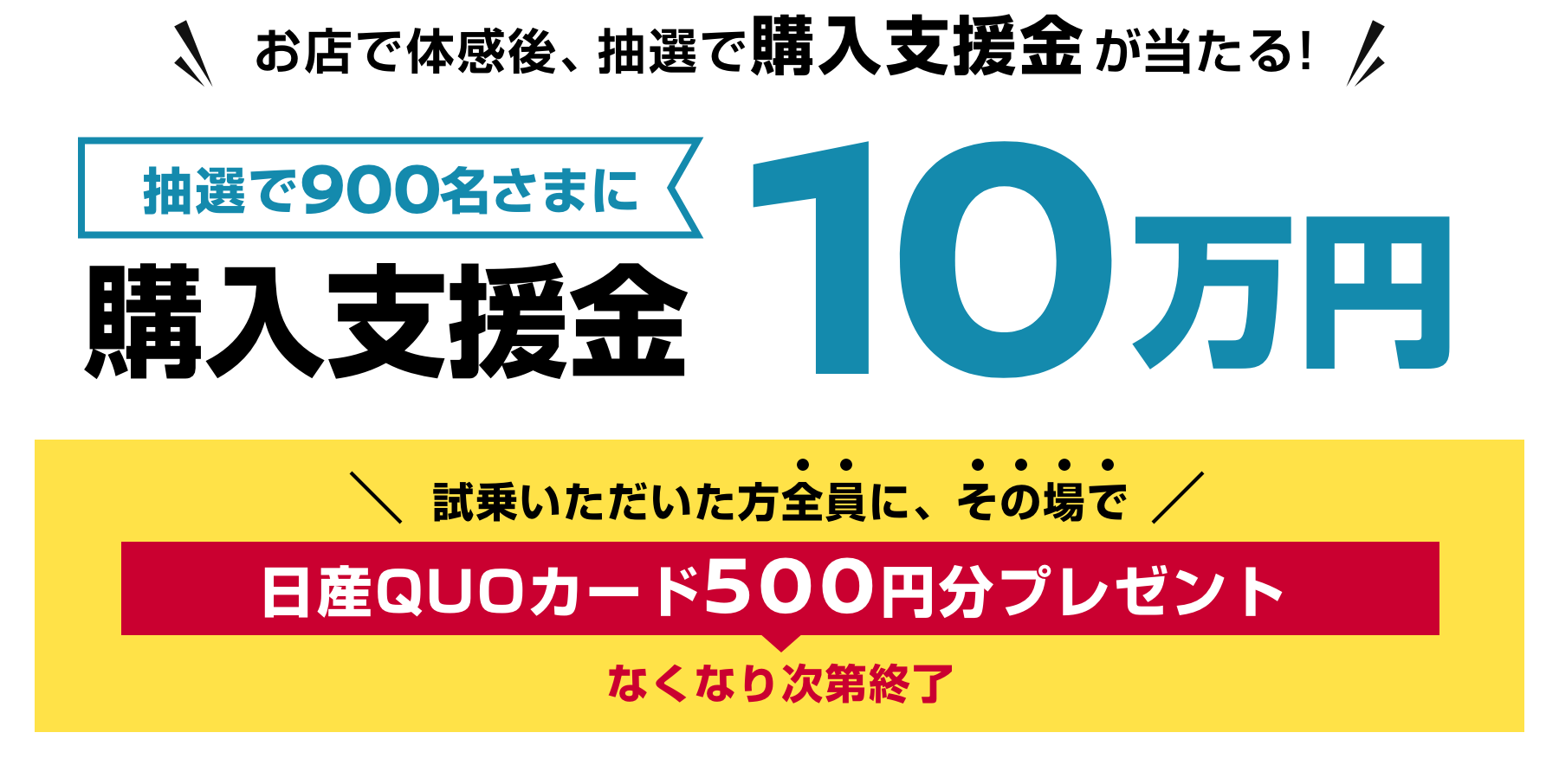 お店で体感後、抽選で購入支援金が当たる! 抽選で900名さまに購入支援金10万円 試乗いただいた方全員に、その場で日産QUOカード500円分プレゼント なくなり次第終了