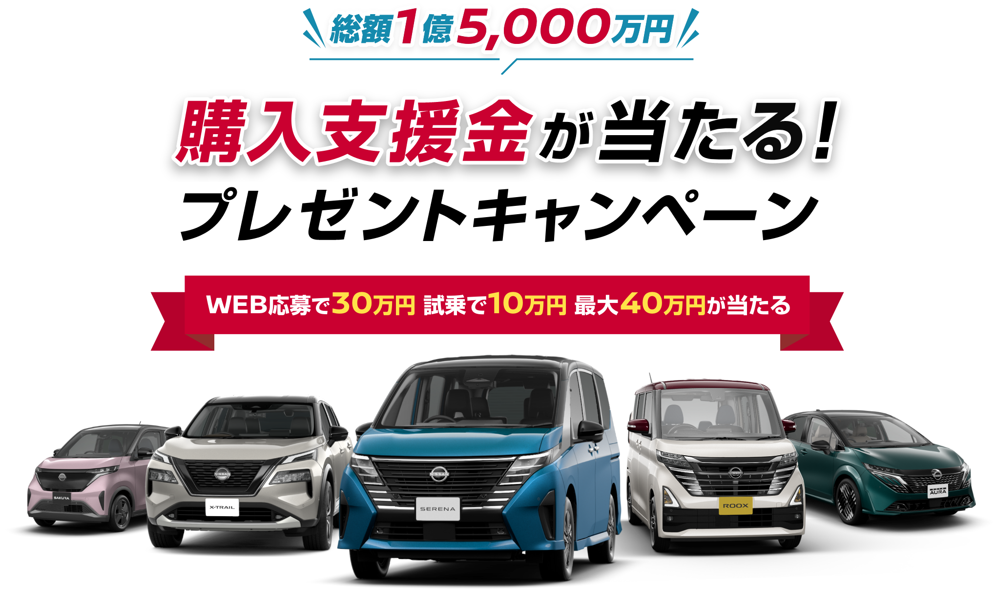 総額1億5,000万円 購入支援金が当たる！プレゼントキャンペーン WEB応募で30万円 試乗で10万円 最大40万円が当たる