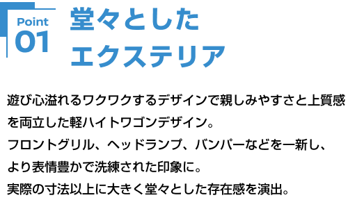Point01 堂々としたエクステリア 遊び心溢れるワクワクするデザインで親しみやすさと上質感を両立した軽ハイトワゴンデザイン。フロントグリル、ヘッドランプ、バンパーなどを一新し、より表情豊かで洗練された印象に。実際の寸法以上に大きく堂々とした存在感を演出。