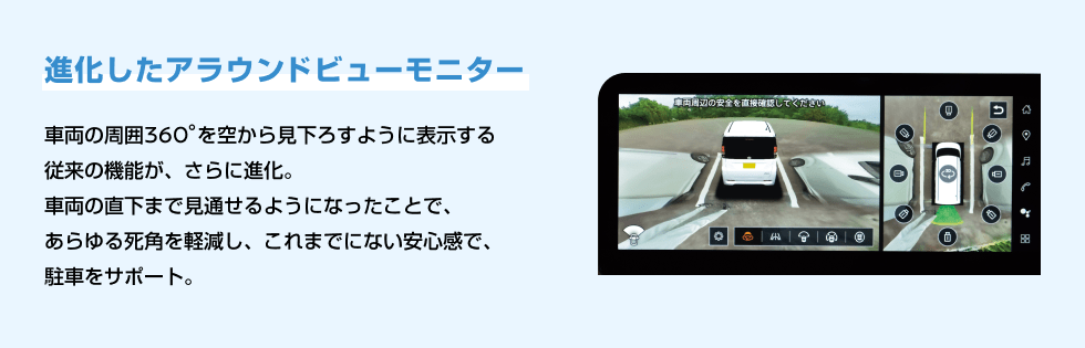 進化したアラウンドビューモニター 車両の周囲360°を空から見下ろすように表示する従来の機能が、さらに進化。車両の直下まで見通せるようになったことで、あらゆる死角を軽減し、これまでにない安心感で、駐車をサポート。
