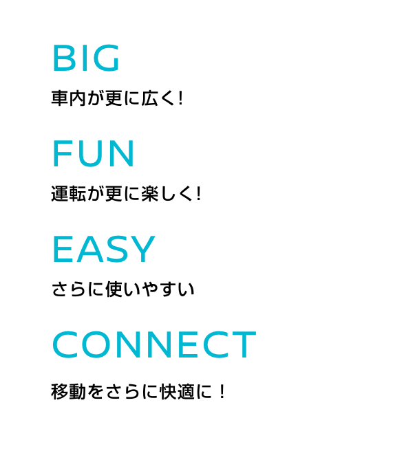 BIG車内が更に広く!  FUN運転が更に楽しく! EASYさらに使いやすい CONNECT移動がさらに快適に!