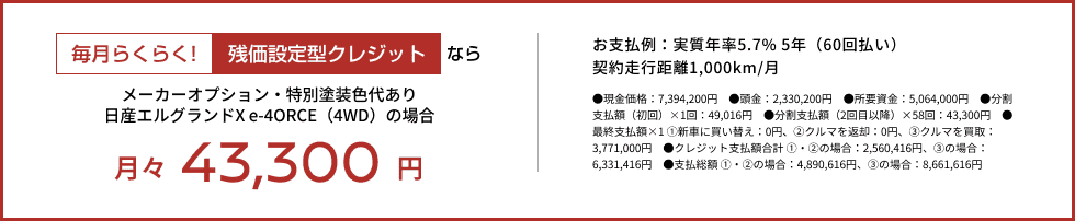 毎月らくらく!残価設定型クレジットなら月々43,300円