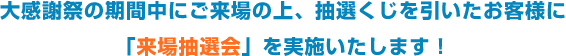 大感謝祭の期間中にご来場の上、抽選くじを引いたお客様に「来場抽選会」を実施いたします！