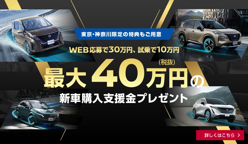 東京・神奈川限定の特典もご用意WEB応募で30万円、試乗で10万円最大40万円(税抜)の新車購入支援金プレゼント