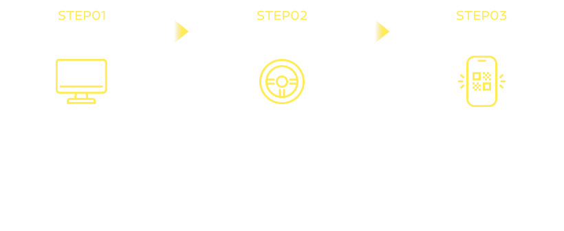 STEP01 WEBで簡単応募 STEP02 お近くの店舗で試乗 STEP03 その場で抽選にご参加