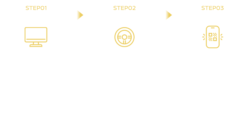 STEP01 WEBで簡単応募 STEP02 お近くの店舗で試乗 STEP03 その場で抽選にご参加