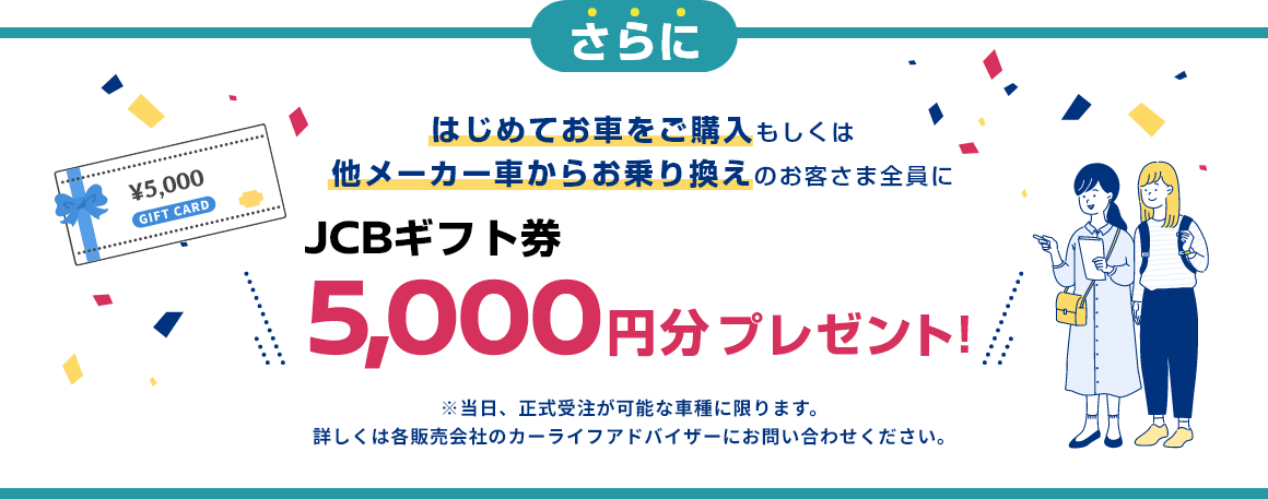 さらに はじめてお車をご購入もしくは他メーカー車からお乗り換えのお客さま全員に JCBギフト券5,000円分プレゼント!