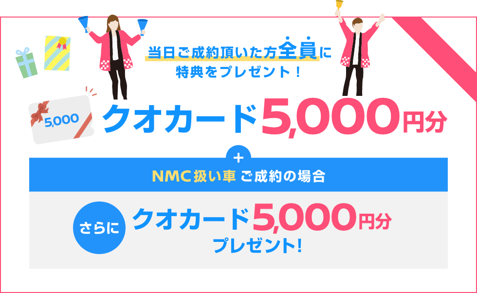 当日ご成約頂いた方全員に特典をプレゼント! クオカード5,000円分+NMC扱い車ご成約の場合さらにクオカード5,000円分プレゼント!