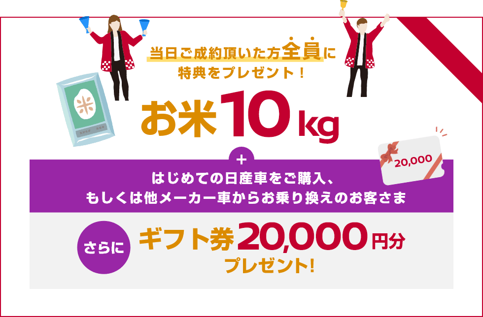 当日ご成約頂いた方全員に特典をプレゼント! お米10kg + はじめての日産車をご購入、もしくは他メーカー車からお乗り換えのお客さま さらにギフト券20,000円分プレゼント!