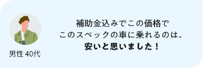 補助金込みでこの価格でこのスペックの車に乗れるのは、安いと思いました！