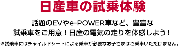 日産車の試乗体験 話題のEVやe-POWER車など、豊富な試乗車をご用意！日産の電気の走りを体感しよう！※試乗車にはチャイルドシートによる乗車が必要なお子さまはご乗車いただけません。
