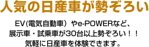 人気の日産車が勢ぞろい EV(電気自動車）やe-POWERなど、展示車・試乗車が30台以上勢ぞろい！！気軽に日産車を体験できます。