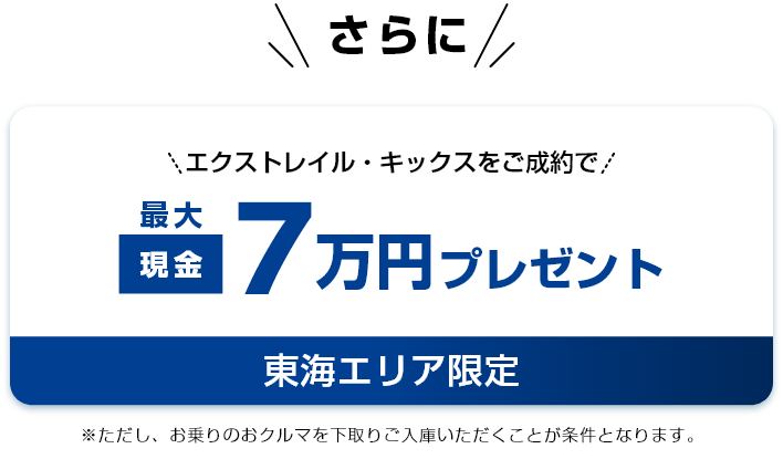 さらにエクストレイル、キックスをご成約で最大現金7万円プレゼント