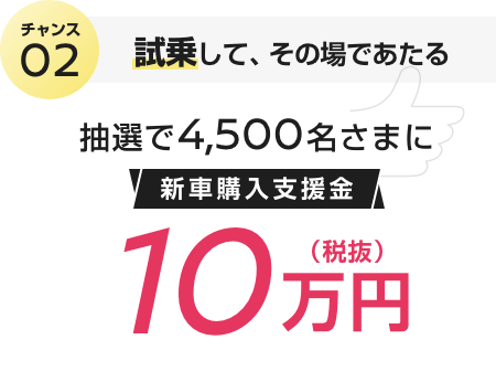 チャンス02 試乗して、その場であたる 抽選で4,500名さまに新車購入支援金10万円