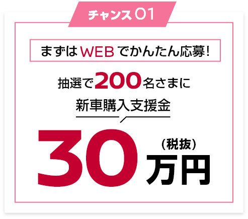 チャンス01 まずはWEBでかんたん応募!抽選で200名さまに新車購入支援金30万円(税抜)