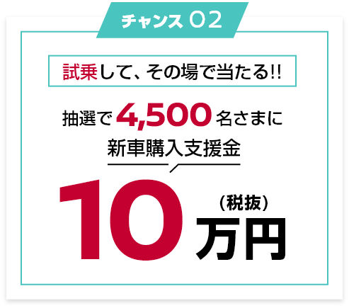 チャンス02 試乗して、その場で当たる!!抽選で4,500名さまに新車購入支援金10万円(税抜)
