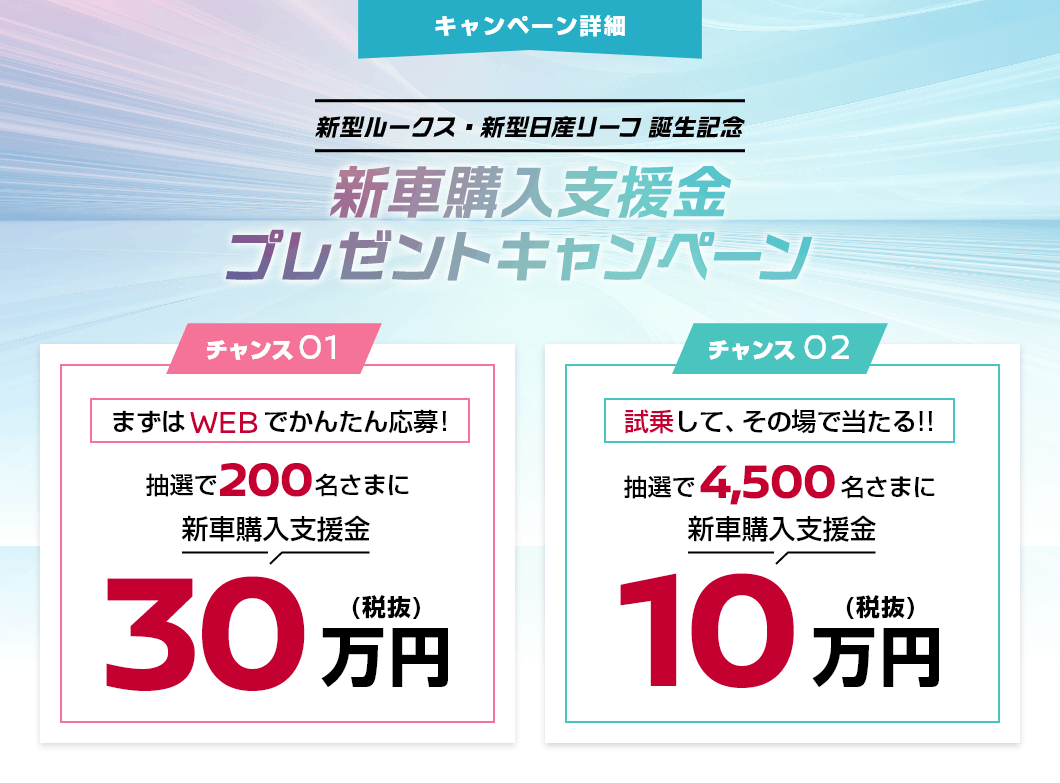 キャンペーン詳細 新型ルークス・新型日産リーフ 誕生記念 新車購入支援金プレゼント！