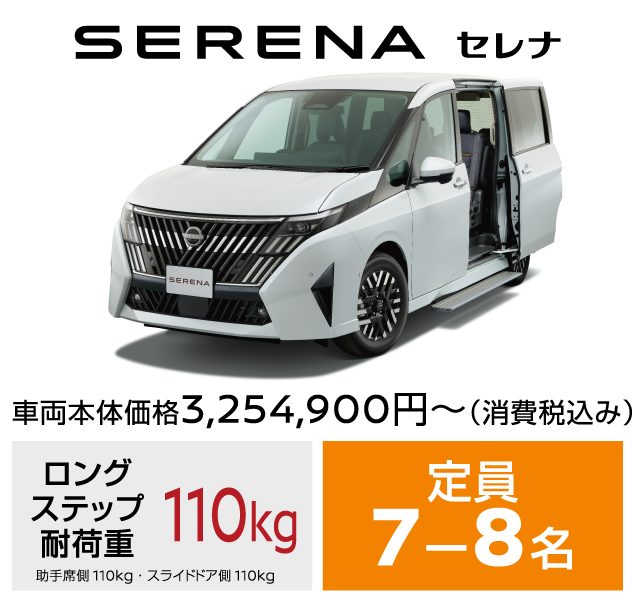SERENA セレナ／車両本体価格3,254,900円～ (消費税込み)／ロング ステップ耐荷重：110kg／助手席側：110kg／スライドドア側：110kg／定員：7-8名