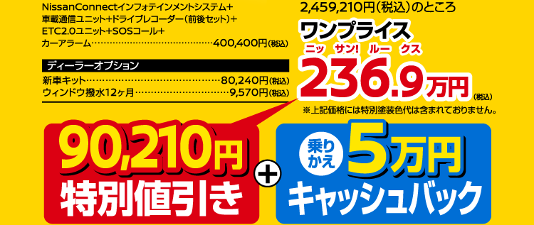 当社在庫かつ9月登録でBVC4.9%の特別低金利。通常合計価格2,459,210円（税込）のところワンプライス236.9万円（税込）。90,210円特別値引き＋乗りかえ5万円キャッシュバック