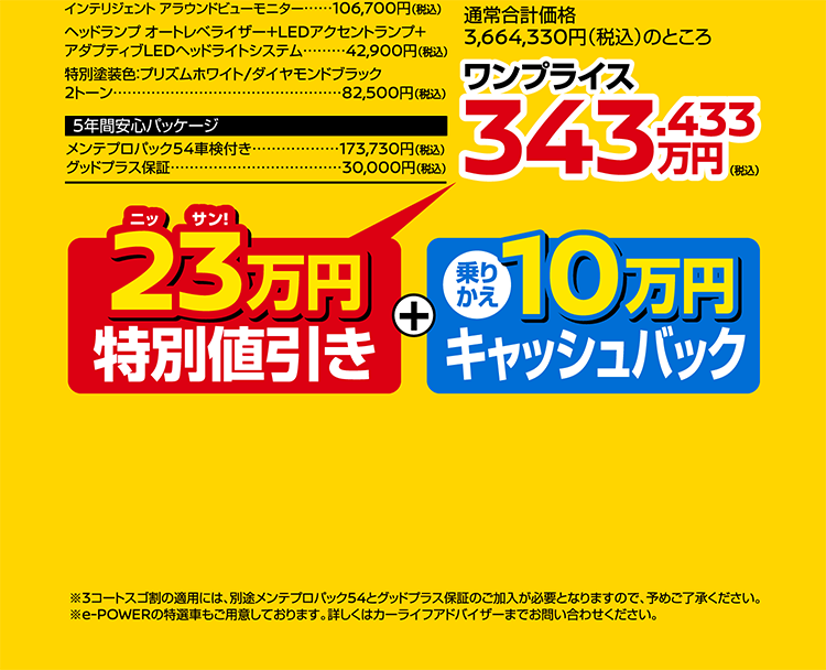 当社在庫かつ9月登録でBVC4.9%の特別低金利。通常合計価格3,664,330円（税込）のところワンプライス343.433万円（税込）。23万円特別値引き＋乗りかえ10万円キャッシュバック。※3コートスゴ割の適用には、別途メンテプロパック54とグッドプラス保証のご加入が必要となります