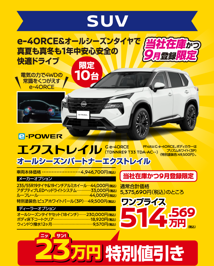 SUV エクストレイル G e-4ORCE（TDNNRE9 T33 TDA-AC--）。e-4ORCE＆オールシーズンタイヤで真夏も真冬も1年中安心安全の快適ドライブ。限定10台。電気の力で4WDの常識をくつがえす e-4ORCE。オールシーズンパートナーエクストレイル。車両本体価格4,946,700円（税込）。当社在庫かつ9月登録限定。通常合計価格5,375,690円（税込）のところワンプライス514.569万円（税込）。23万円特別値引き