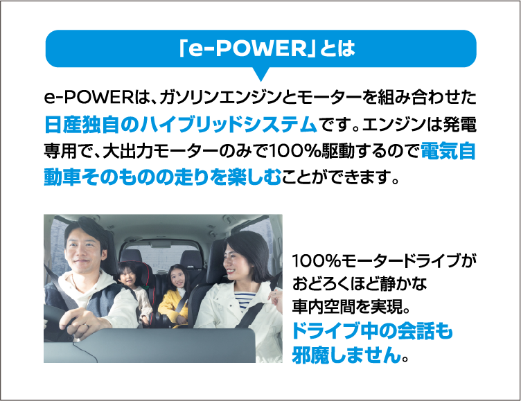 e-POWERとは。e-POWERは、ガソリンエンジンとモーターを組み合わせた日産独自のハイブリッドシステムです。エンジンは発電専用で、大出力モーターのみで100%駆動するので電気自動車そのものの走りを楽しむことができます。100%モータードライブがおどろくほど静かな車内空間を実現。ドライブ中の会話も邪魔しません。家族4人が笑顔でドライブしている車内の写真。