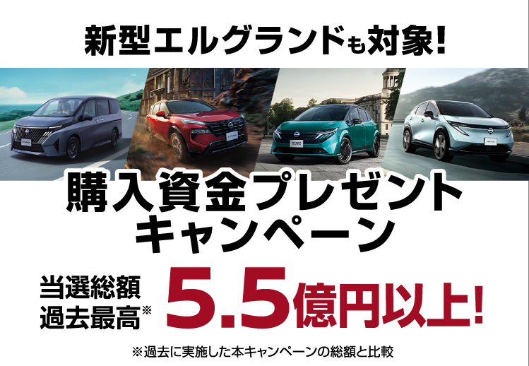 新型エルグランドも対象！購入資金プレゼントキャンペーン 当選総額 過去最高5.5億円以上！（※過去に実施した本キャンペーンの総額と比較）