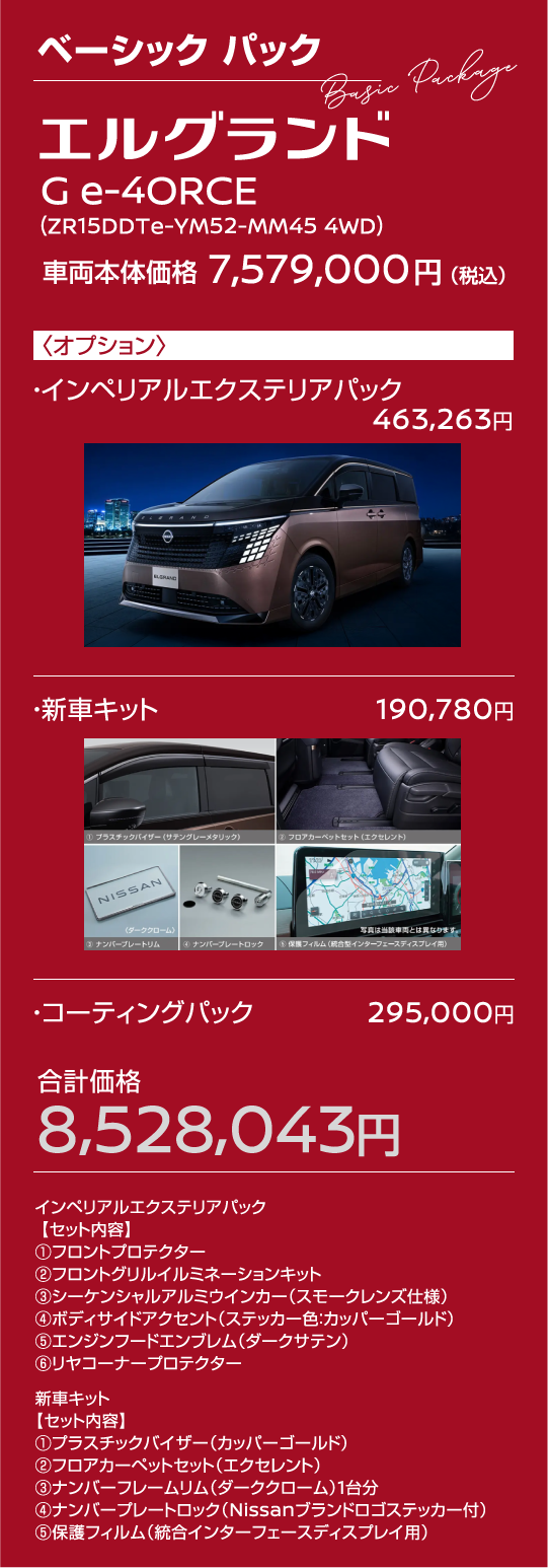 ベーシック パック（Basic Package）の詳細。エルグランド G e-4ORCE 車両本体価格7,579,000円（税込）、オプション、合計価格8,528,043円