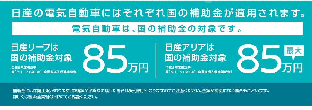 日産の電気自動車にはそれぞれ国の補助金が適用されます。