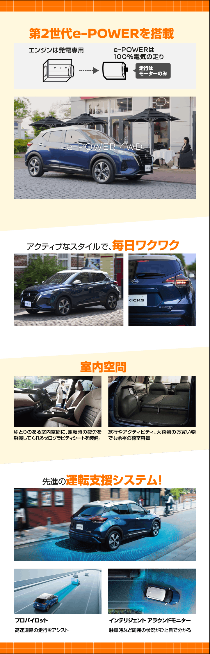 日産キックスのおすすめポイント。第2世代e-POWERを搭載し、エンジンは発電専用、e-POWERは100%電気の走りで走行はモーターのみ（e-POWER 4WD）。アクティブなスタイルで毎日ワクワク。室内空間はゆとりがあり、運転時の疲労を軽減するゼログラビティシートを装備、旅行や大荷物のお買い物でも余裕の荷室容量。先進の運転支援システムを搭載。