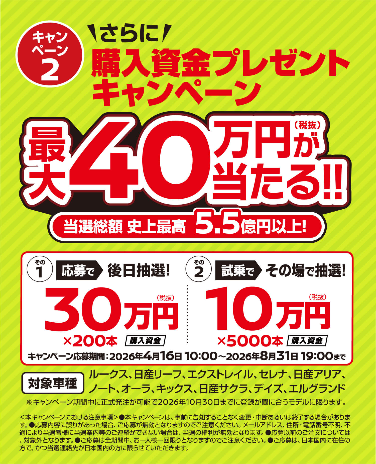 日産の購入資金プレゼントキャンペーン。最大40万円が当たるキャンペーン