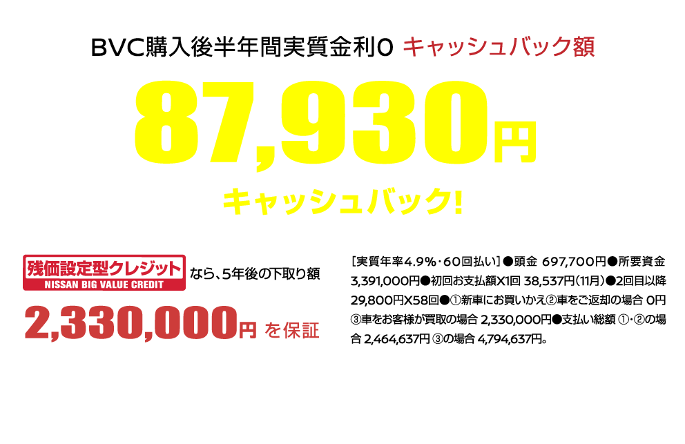 BVC購入後半年間実質金利0 キャッシュバック額 87,930円キャッシュバック!