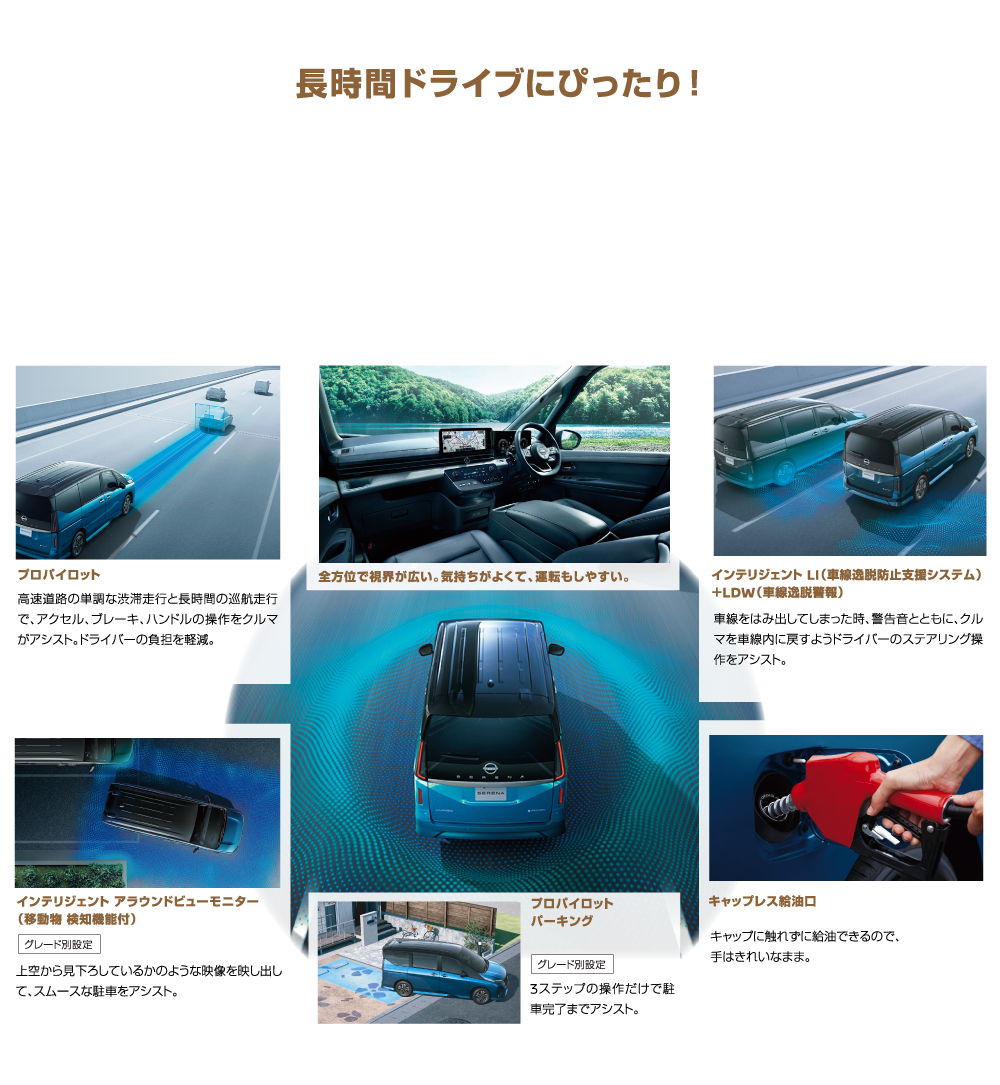 長時間ドライブにぴったり！ 360°セーフティアシストと充実したサポート機能！