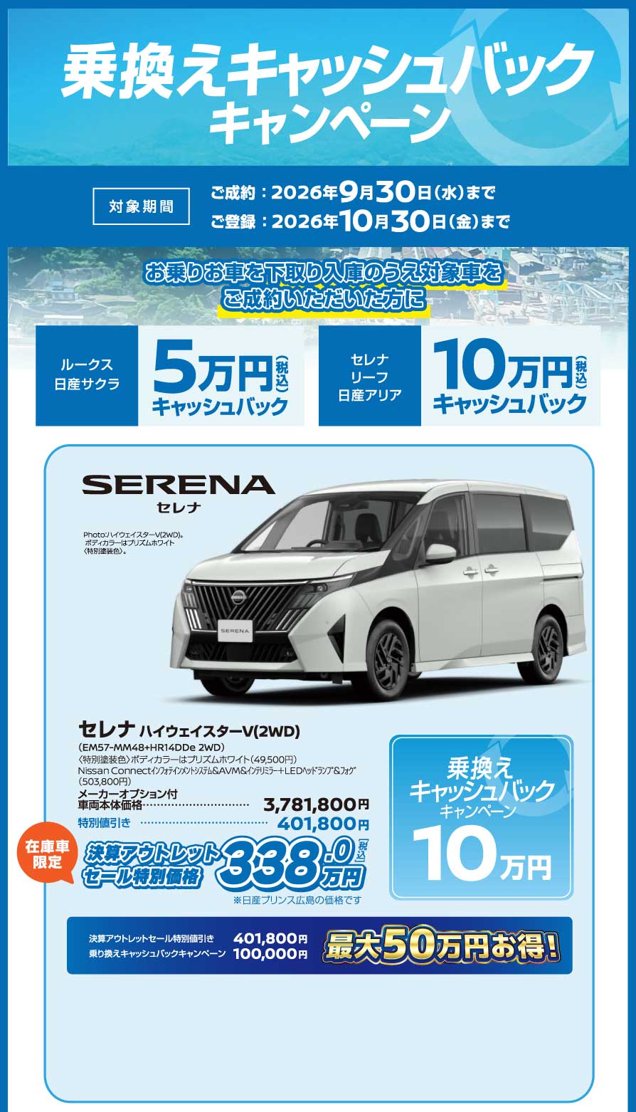 乗換えキャッシュバックキャンペーン・セレナ