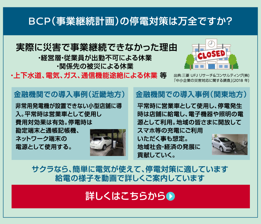 BCP(事業継続計画)の停電対策は万全ですか？　サクラなら、簡単に電気が使えて、停電対策に適しています。給電の様子を動画で詳しくご案内しています。