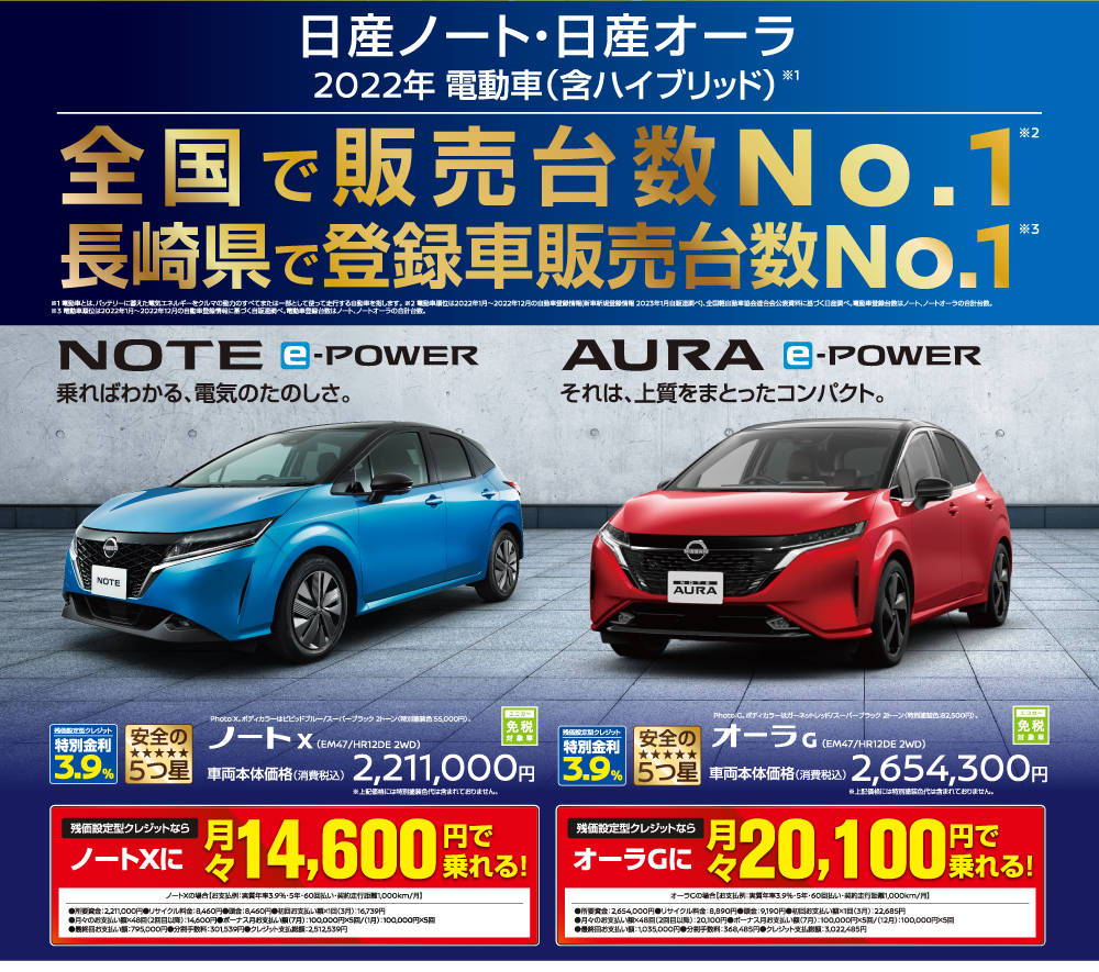 日産ノート・日産オーラ　全国で販売台数No1！長崎県で登録者販売台数No1！